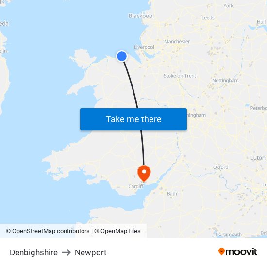 Denbighshire to Newport map