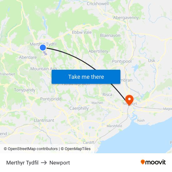 Merthyr Tydfil to Newport map