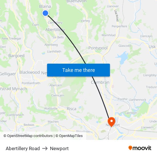 Abertillery Road to Newport map