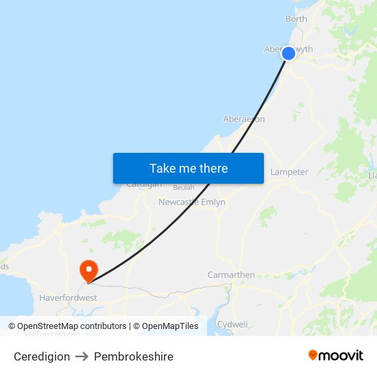 Ceredigion to Pembrokeshire map