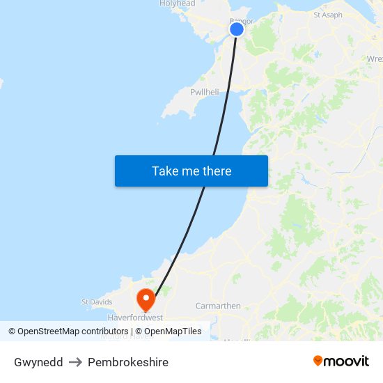 Gwynedd to Pembrokeshire map