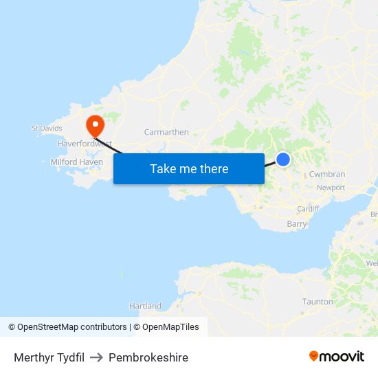 Merthyr Tydfil to Pembrokeshire map