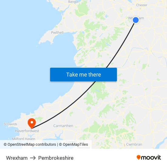 Wrexham to Pembrokeshire map