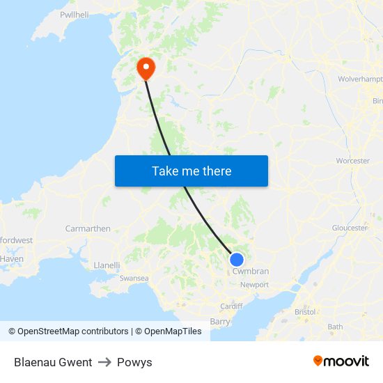 Blaenau Gwent to Powys map