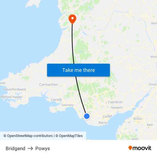 Bridgend to Powys map