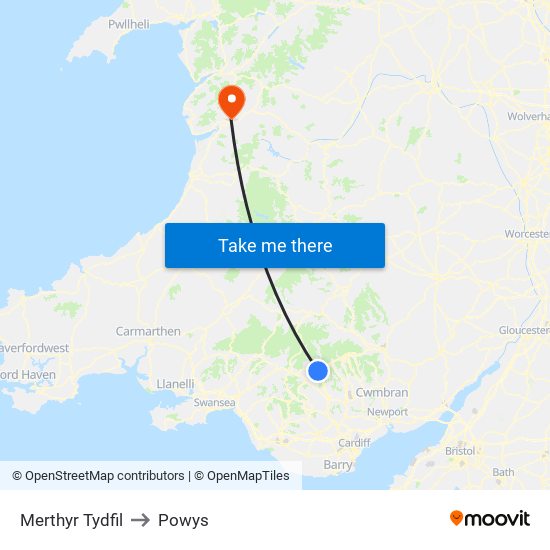 Merthyr Tydfil to Powys map