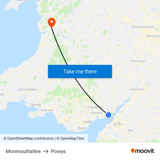 Monmouthshire to Powys map