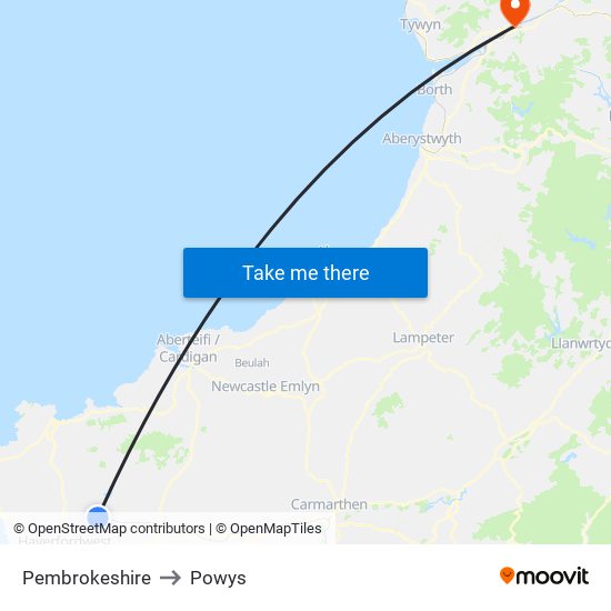 Pembrokeshire to Powys map