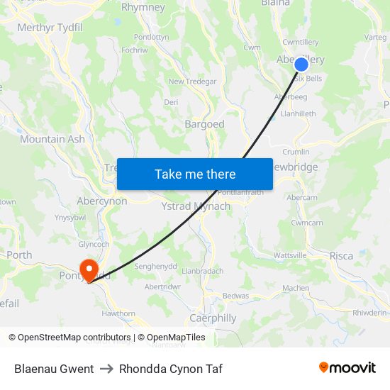 Blaenau Gwent to Rhondda Cynon Taf map