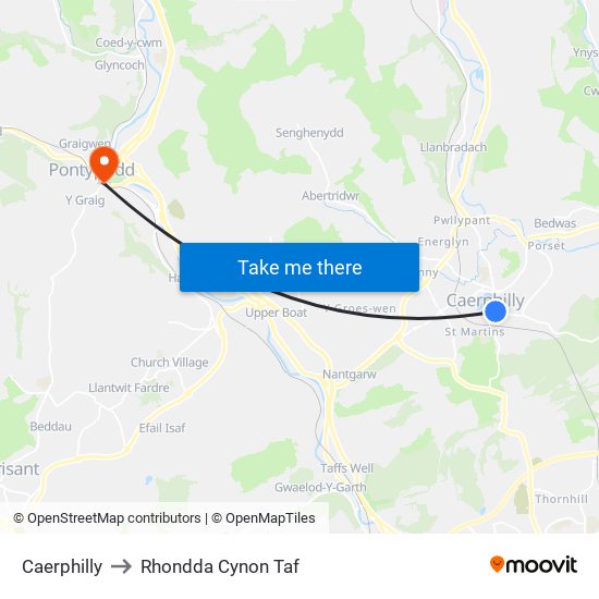 Caerphilly to Rhondda Cynon Taf map