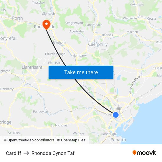 Cardiff to Rhondda Cynon Taf map