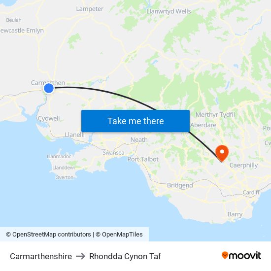 Carmarthenshire to Rhondda Cynon Taf map
