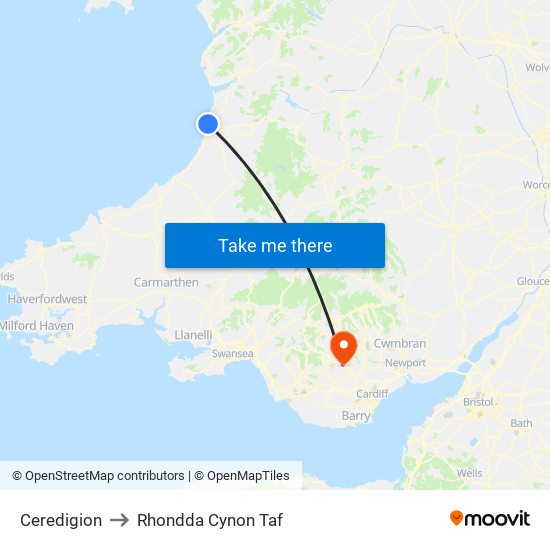 Ceredigion to Rhondda Cynon Taf map