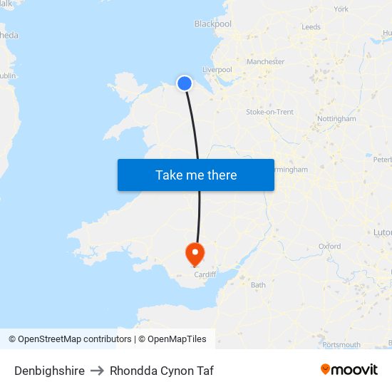 Denbighshire to Rhondda Cynon Taf map