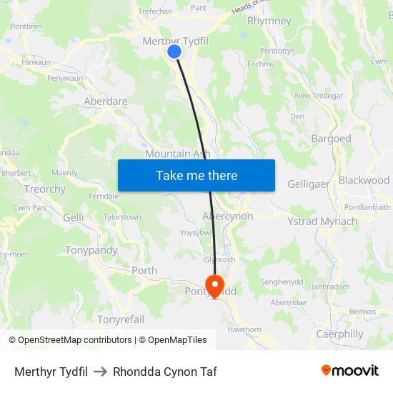 Merthyr Tydfil to Rhondda Cynon Taf map