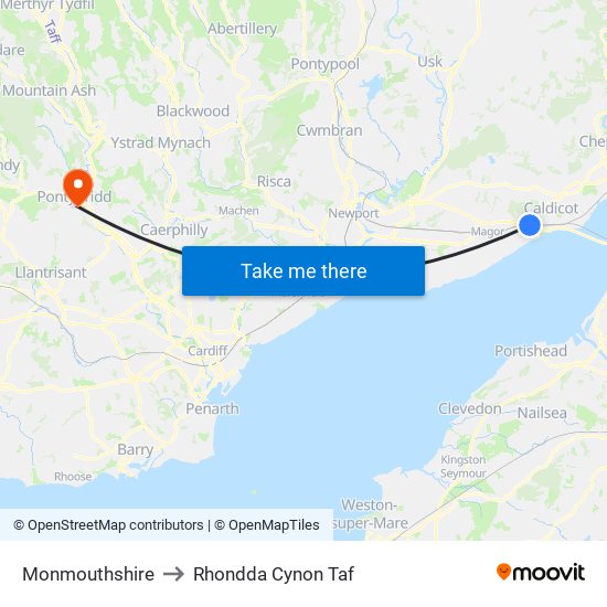 Monmouthshire to Rhondda Cynon Taf map