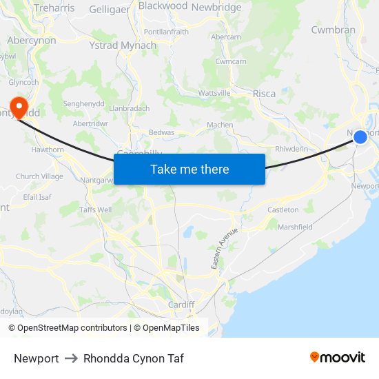 Newport to Rhondda Cynon Taf map