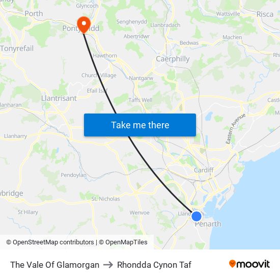 The Vale Of Glamorgan to Rhondda Cynon Taf map