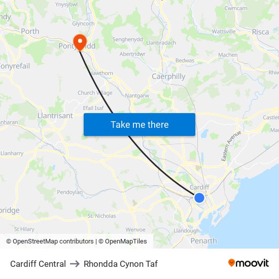 Cardiff Central to Rhondda Cynon Taf map
