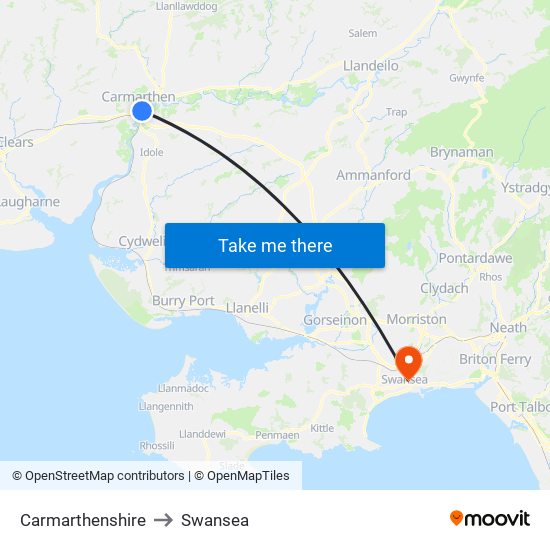 Carmarthenshire to Swansea map