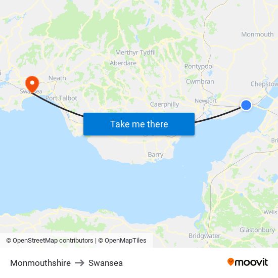 Monmouthshire to Swansea map