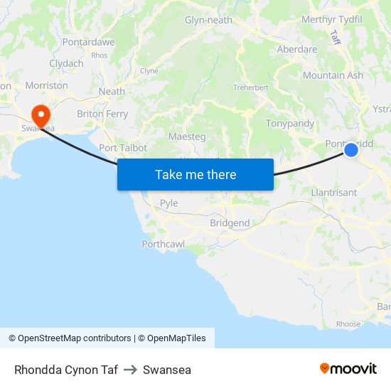 Rhondda Cynon Taf to Swansea map