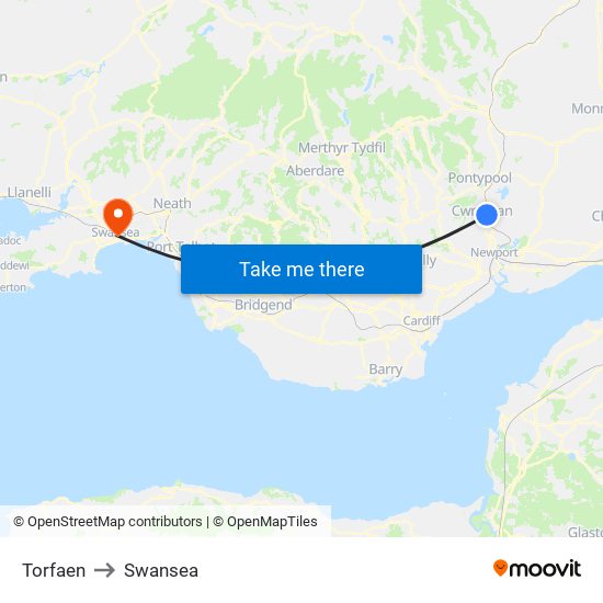 Torfaen to Swansea map