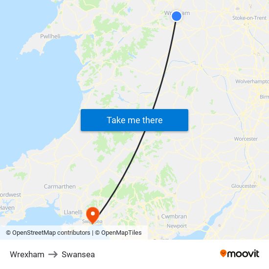 Wrexham to Swansea map