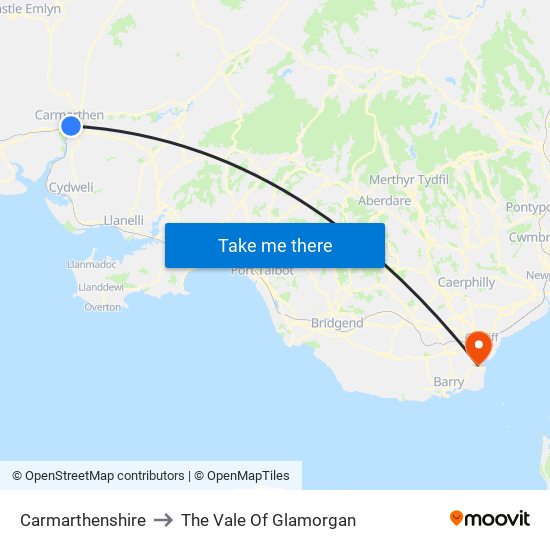 Carmarthenshire to The Vale Of Glamorgan map