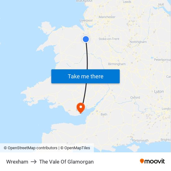 Wrexham to The Vale Of Glamorgan map