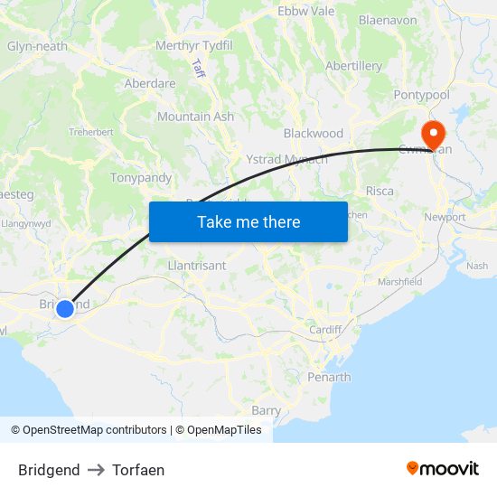 Bridgend to Torfaen map