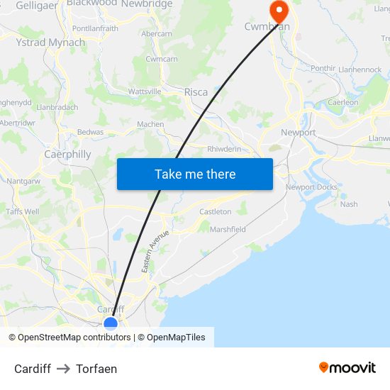 Cardiff to Torfaen map