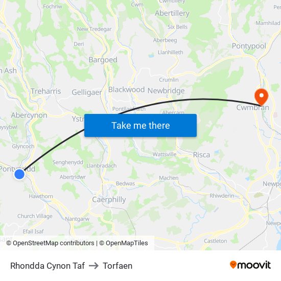 Rhondda Cynon Taf to Torfaen map