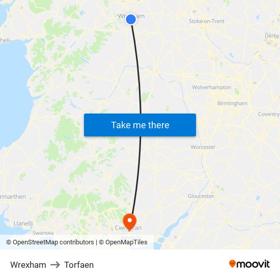 Wrexham to Torfaen map