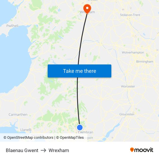 Blaenau Gwent to Wrexham map