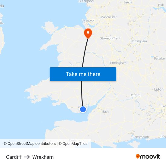 Cardiff to Wrexham map