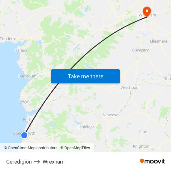 Ceredigion to Wrexham map