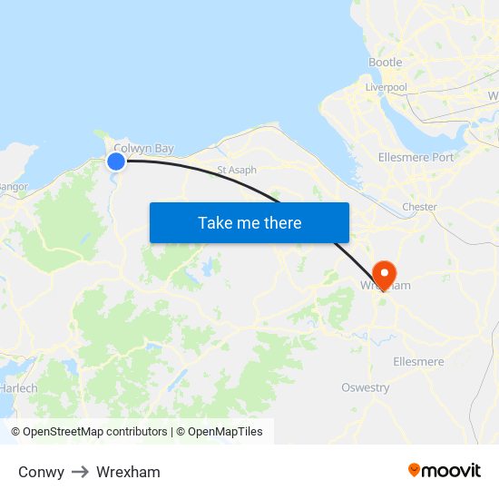 Conwy to Wrexham map