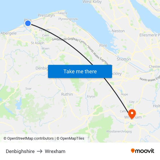 Denbighshire to Wrexham map