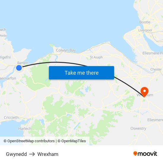 Gwynedd to Wrexham map