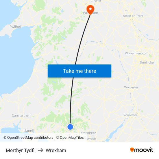 Merthyr Tydfil to Wrexham map