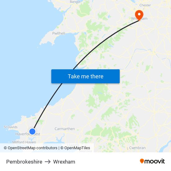 Pembrokeshire to Wrexham map