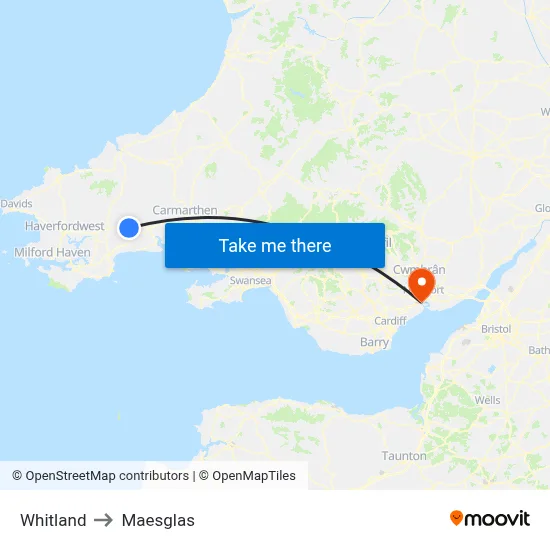 Whitland to Maesglas map