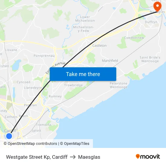 Westgate Street Kp, Cardiff to Maesglas map
