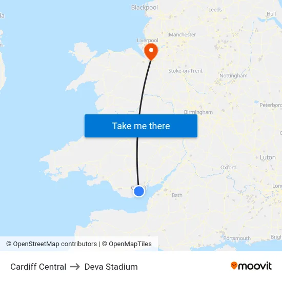 Cardiff Central to Deva Stadium map