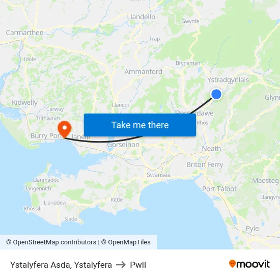 Ystalyfera Asda, Ystalyfera to Pwll map