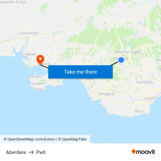 Aberdare to Pwll map