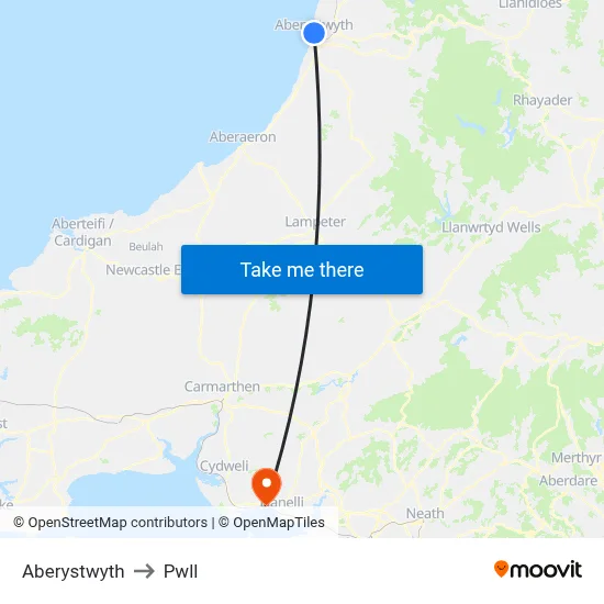 Aberystwyth to Pwll map