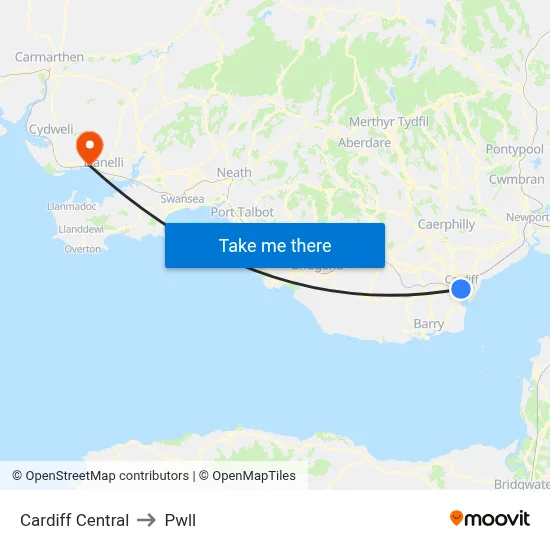 Cardiff Central to Pwll map