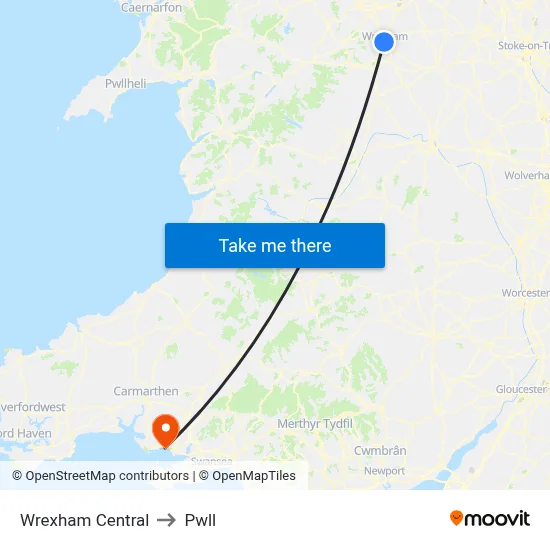 Wrexham Central to Pwll map